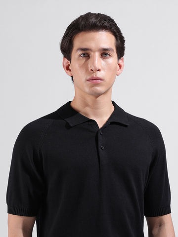 Men's Black Slim Fit Textured Flat Knit Polo Collar T-Shirt