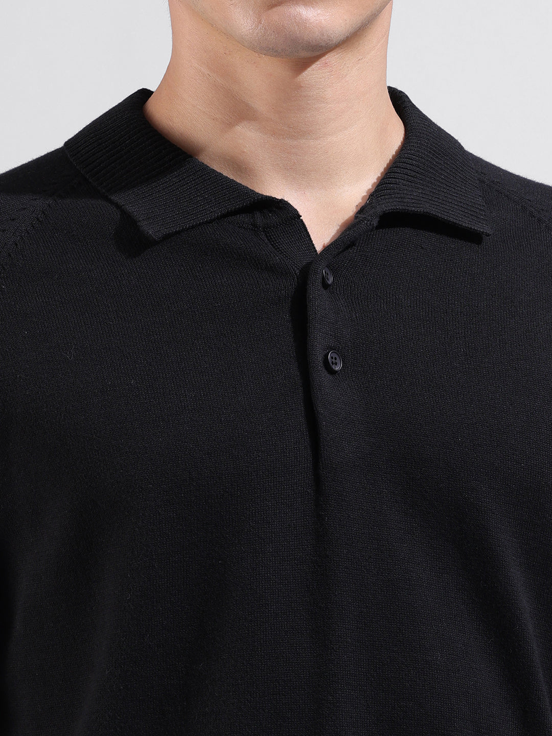 Men's Black Slim Fit Textured Flat Knit Polo Collar T-Shirt