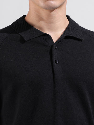 Men's Black Slim Fit Textured Flat Knit Polo Collar T-Shirt