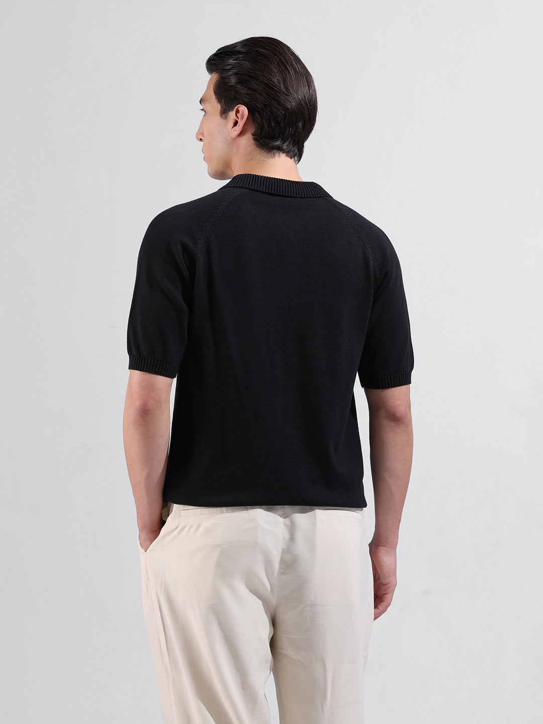 Men's Black Slim Fit Textured Flat Knit Polo Collar T-Shirt
