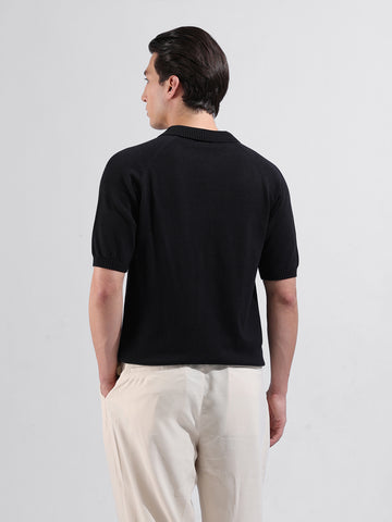 Men's Black Slim Fit Textured Flat Knit Polo Collar T-Shirt