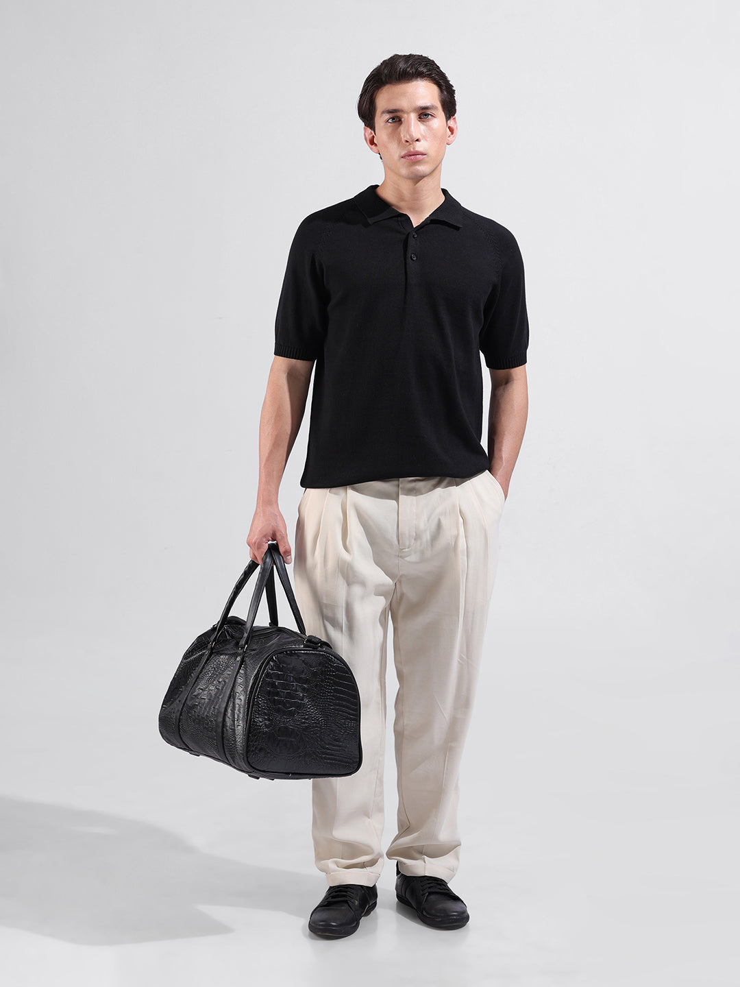 Men's Black Slim Fit Textured Flat Knit Polo Collar T-Shirt