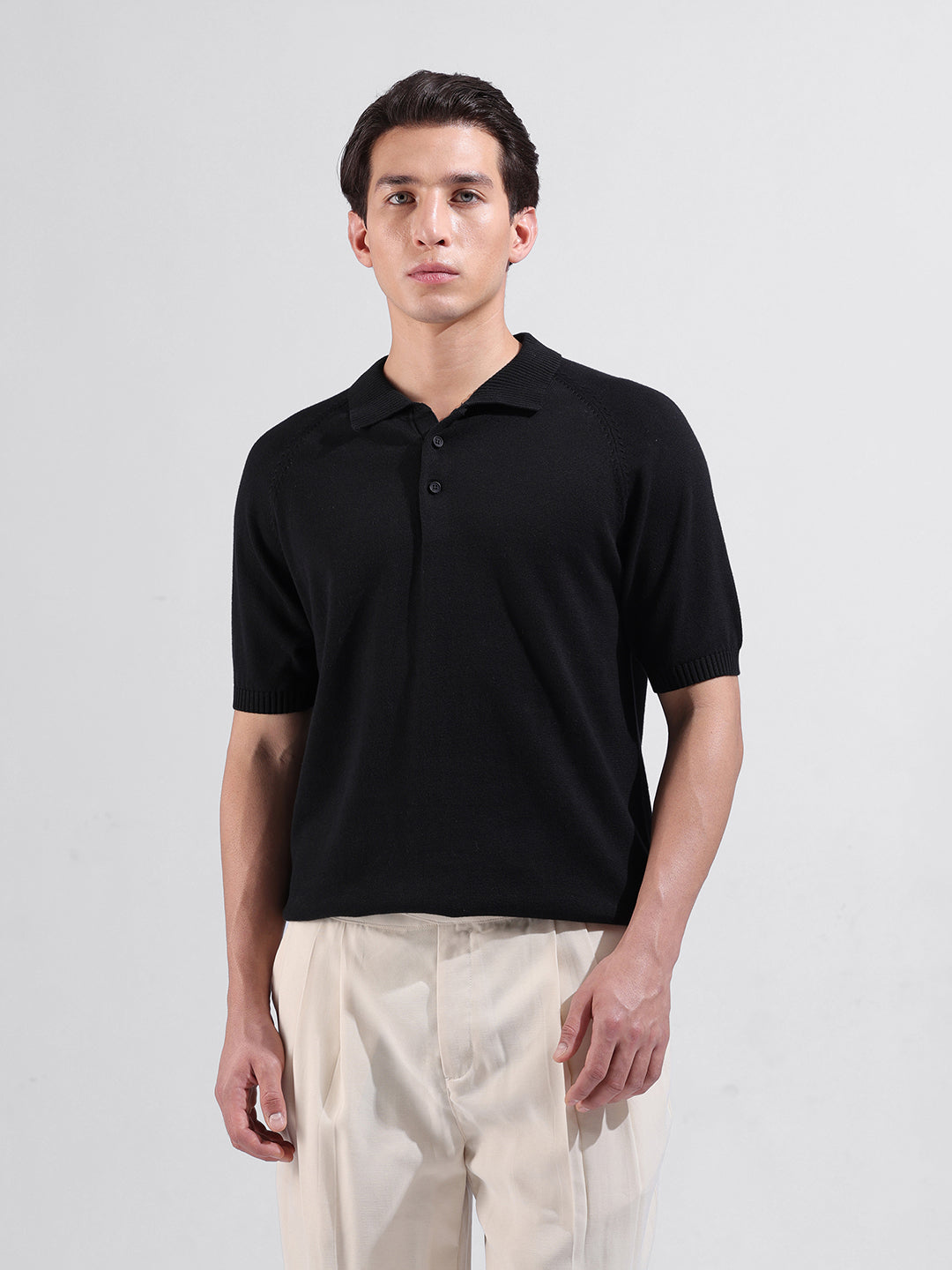 Men's Black Slim Fit Textured Flat Knit Polo Collar T-Shirt