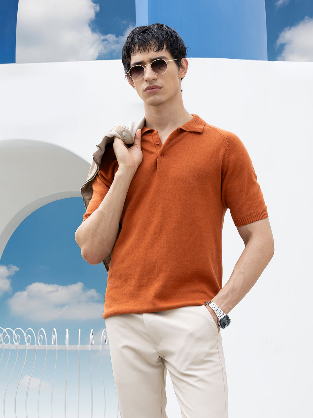 Men's Rust Slim Fit Textured Flat Knit Polo Collar T-Shirt