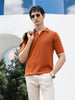 Men's Rust Slim Fit Textured Flat Knit Polo Collar T-Shirt