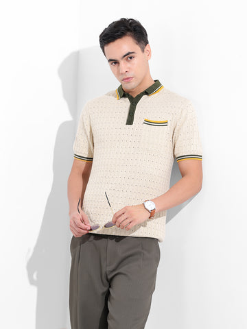 Men's Cream Slim Fit Textured Flat Knit Polo Collar T-Shirt