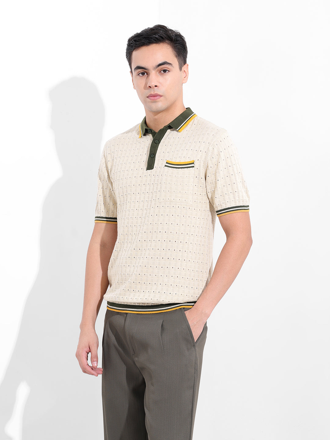 Men's Cream Slim Fit Textured Flat Knit Polo Collar T-Shirt