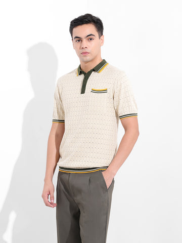 Men's Cream Slim Fit Textured Flat Knit Polo Collar T-Shirt