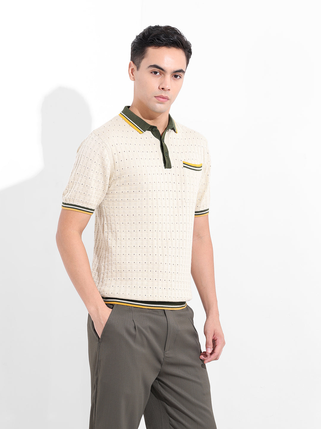 Men's Cream Slim Fit Textured Flat Knit Polo Collar T-Shirt