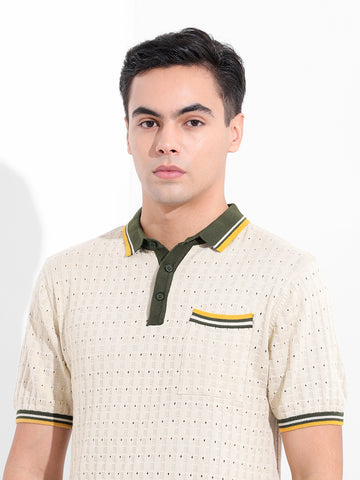 Men's Cream Slim Fit Textured Flat Knit Polo Collar T-Shirt