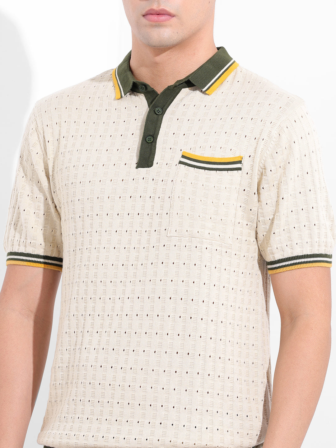 Men's Cream Slim Fit Textured Flat Knit Polo Collar T-Shirt