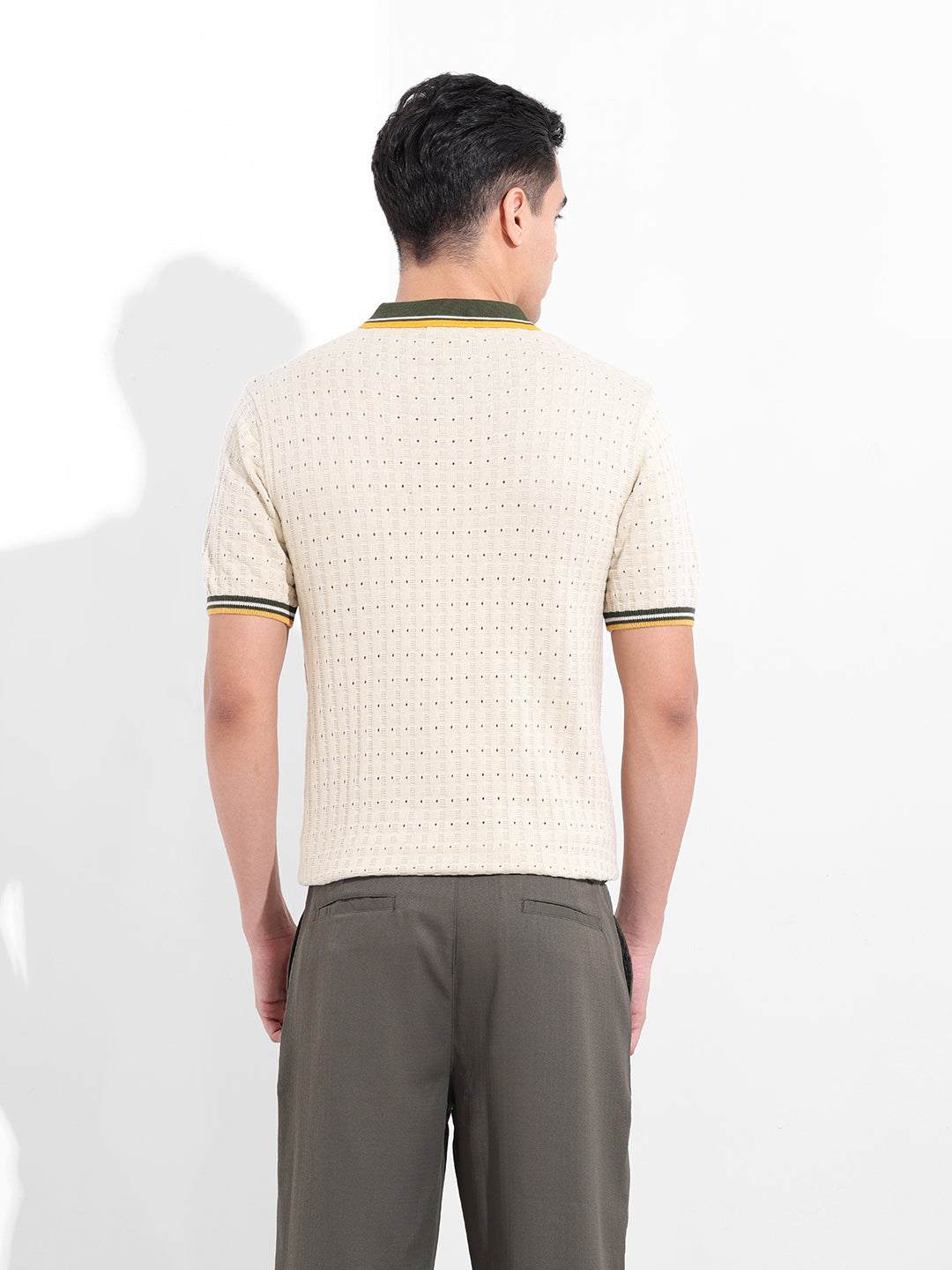 Men's Cream Slim Fit Textured Flat Knit Polo Collar T-Shirt