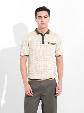 Men's Cream Slim Fit Textured Flat Knit Polo Collar T-Shirt