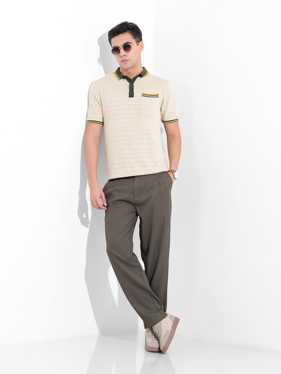 Men's Cream Slim Fit Textured Flat Knit Polo Collar T-Shirt