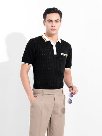 Men's Black Slim Fit Textured Flat Knit Polo Collar T-Shirt