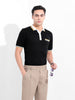 Men's Black Slim Fit Textured Flat Knit Polo Collar T-Shirt