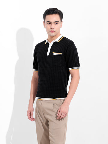 Men's Black Slim Fit Textured Flat Knit Polo Collar T-Shirt
