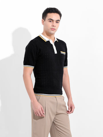 Men's Black Slim Fit Textured Flat Knit Polo Collar T-Shirt