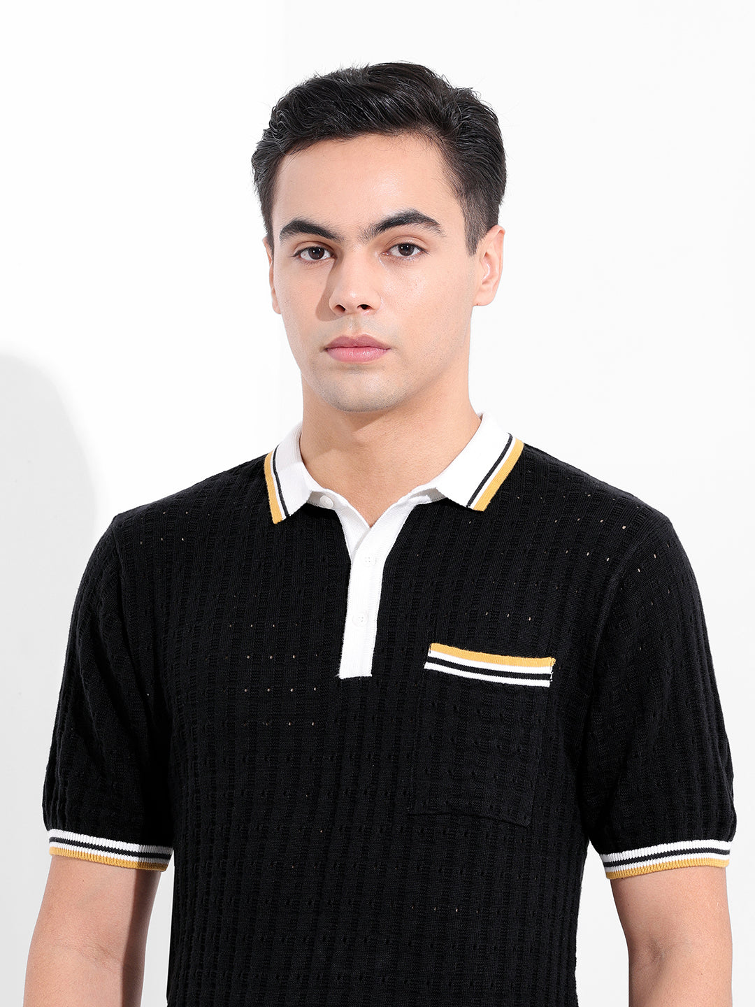 Men's Black Slim Fit Textured Flat Knit Polo Collar T-Shirt