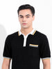 Men's Black Slim Fit Textured Flat Knit Polo Collar T-Shirt