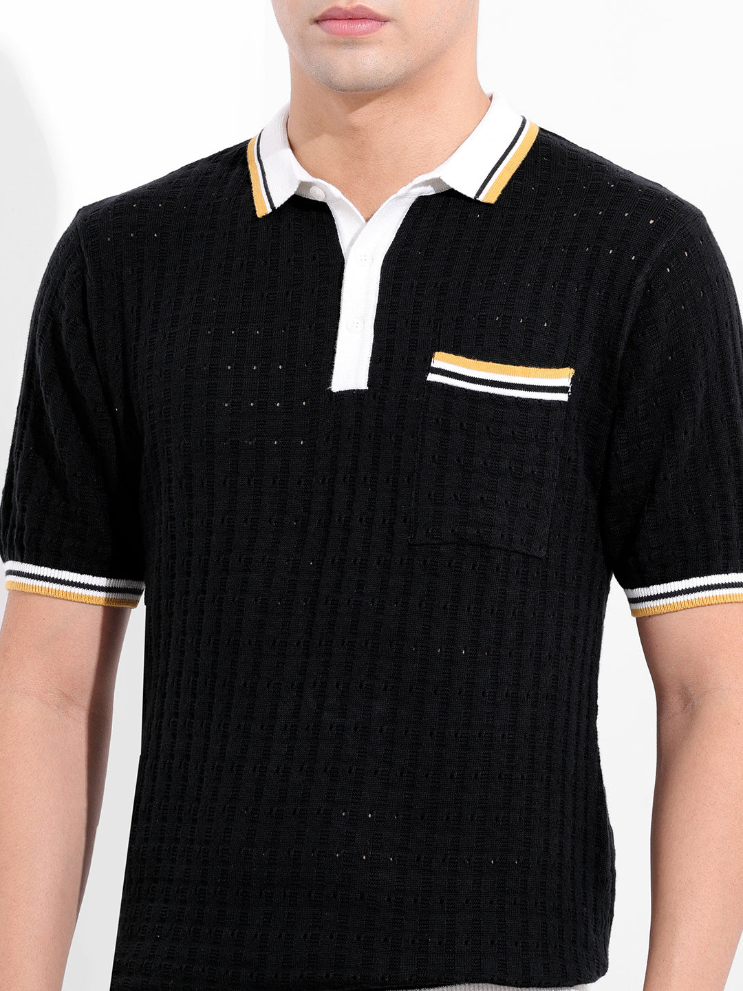Men's Black Slim Fit Textured Flat Knit Polo Collar T-Shirt