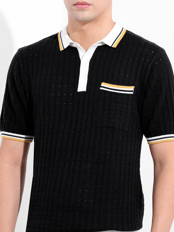Men's Black Slim Fit Textured Flat Knit Polo Collar T-Shirt