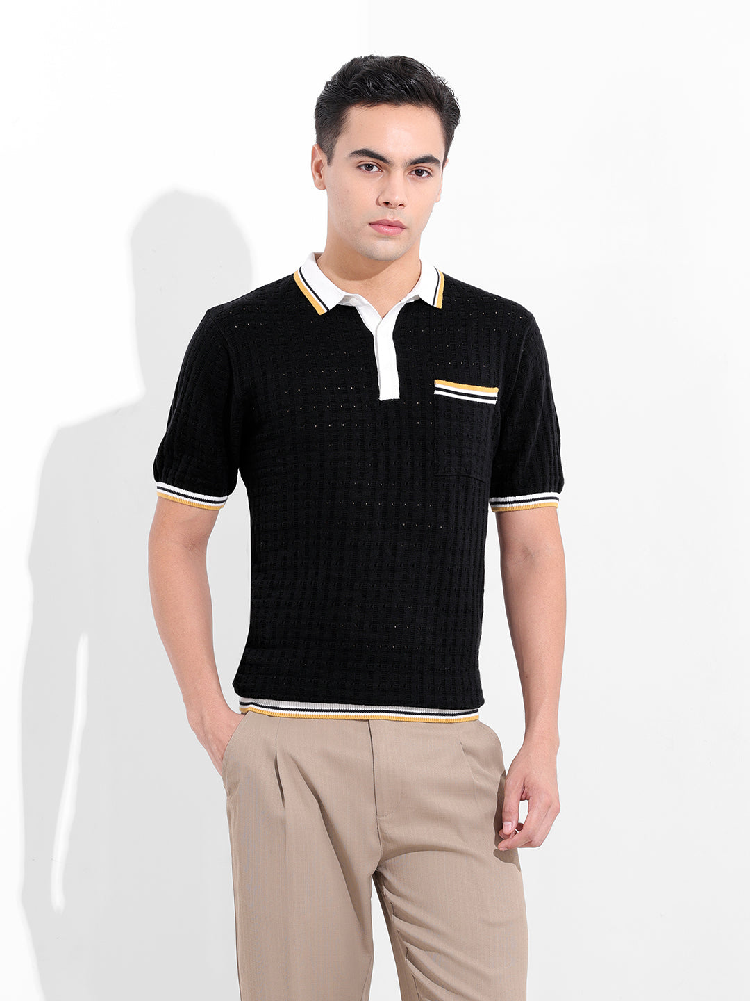 Men's Black Slim Fit Textured Flat Knit Polo Collar T-Shirt