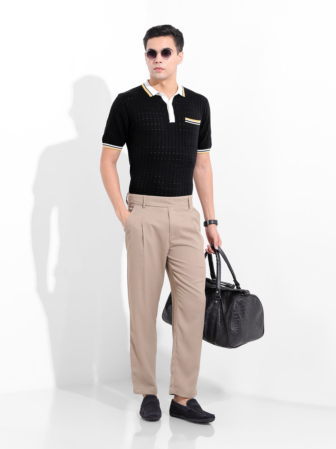 Men's Black Slim Fit Textured Flat Knit Polo Collar T-Shirt