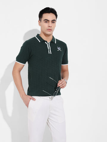 Men's Green Slim Fit Textured Flat Knit Polo Collar T-Shirt