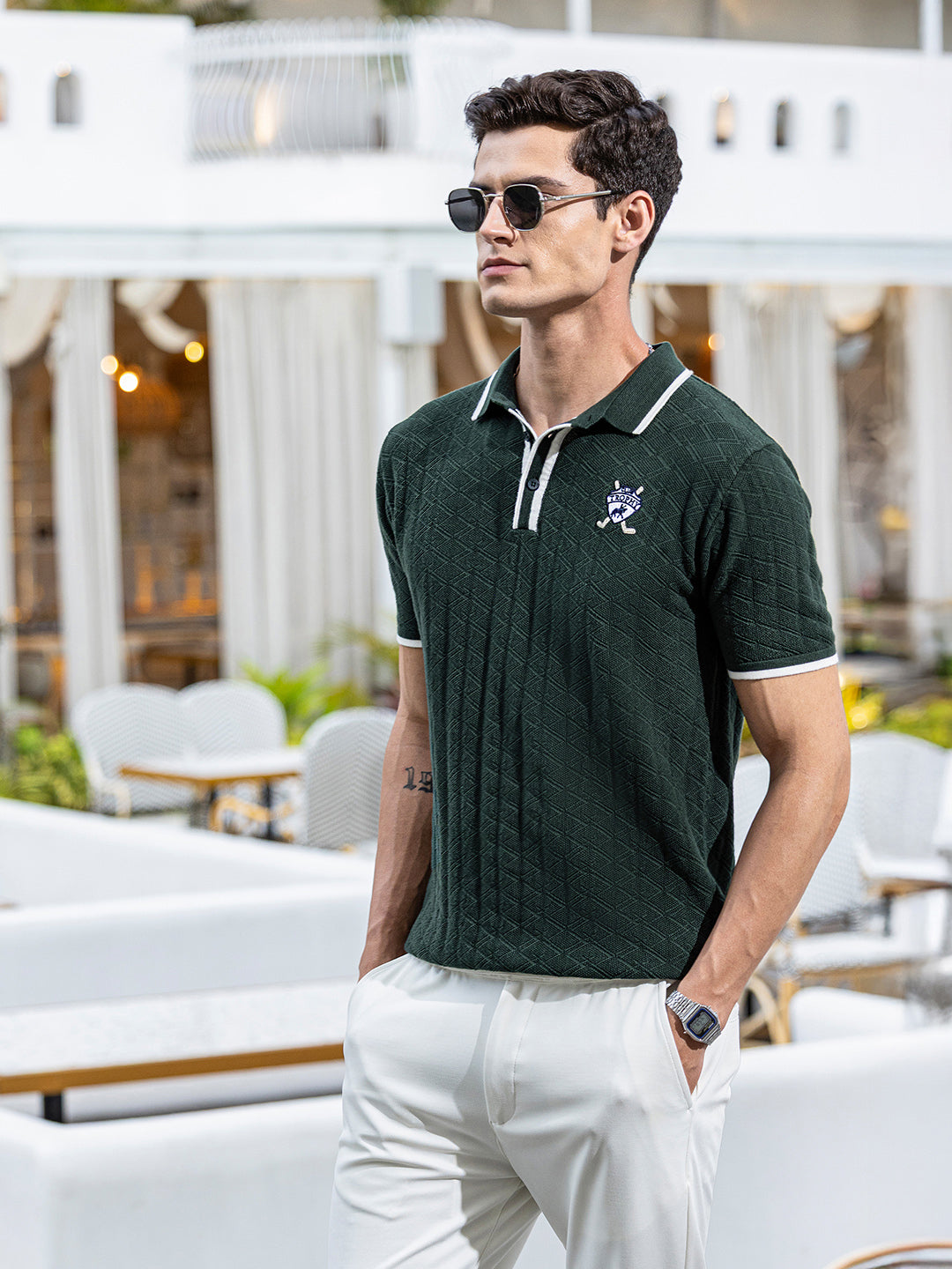 Men's Green Slim Fit Textured Flat Knit Polo Collar T-Shirt