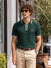 Men's Green Slim Fit Striped Flat Knit Polo T-Shirt