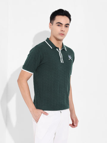 Men's Green Slim Fit Textured Flat Knit Polo Collar T-Shirt