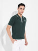Men's Green Slim Fit Textured Flat Knit Polo Collar T-Shirt