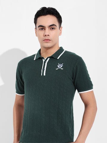 Men's Green Slim Fit Textured Flat Knit Polo Collar T-Shirt