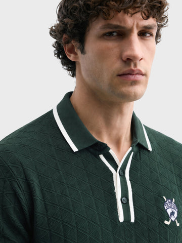 Men's Green Slim Fit Striped Flat Knit Polo T-Shirt