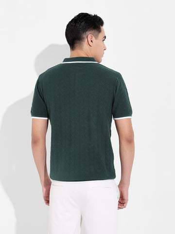 Men's Green Slim Fit Textured Flat Knit Polo Collar T-Shirt