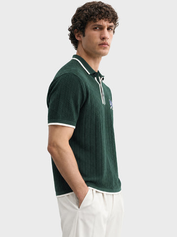 Men's Green Slim Fit Striped Flat Knit Polo T-Shirt