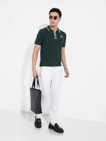Men's Green Slim Fit Textured Flat Knit Polo Collar T-Shirt