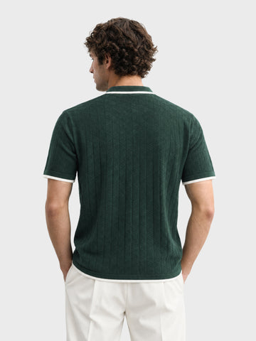 Men's Green Slim Fit Striped Flat Knit Polo T-Shirt