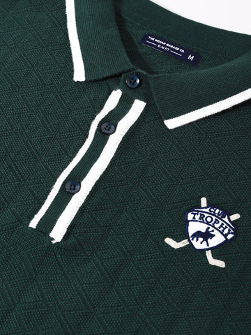 Men's Green Slim Fit Textured Flat Knit Polo Collar T-Shirt