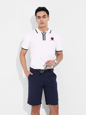 Men's White Slim Fit Textured Flat Knit Polo Collar T-Shirt
