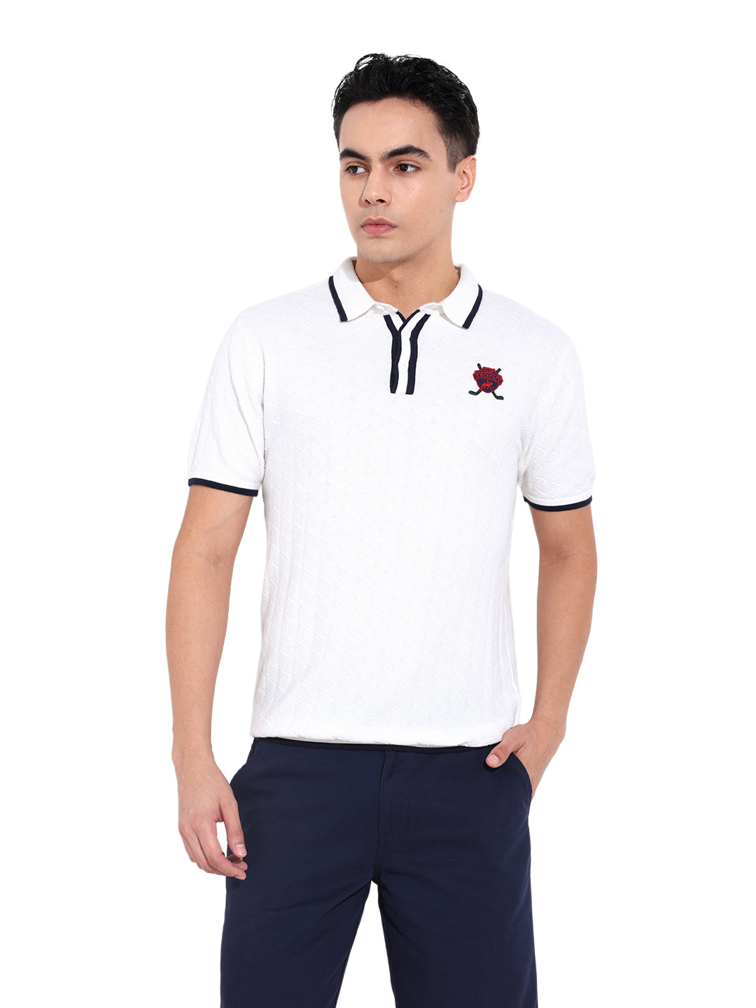 Men's White Slim Fit Textured Flat Knit Polo Collar T-Shirt