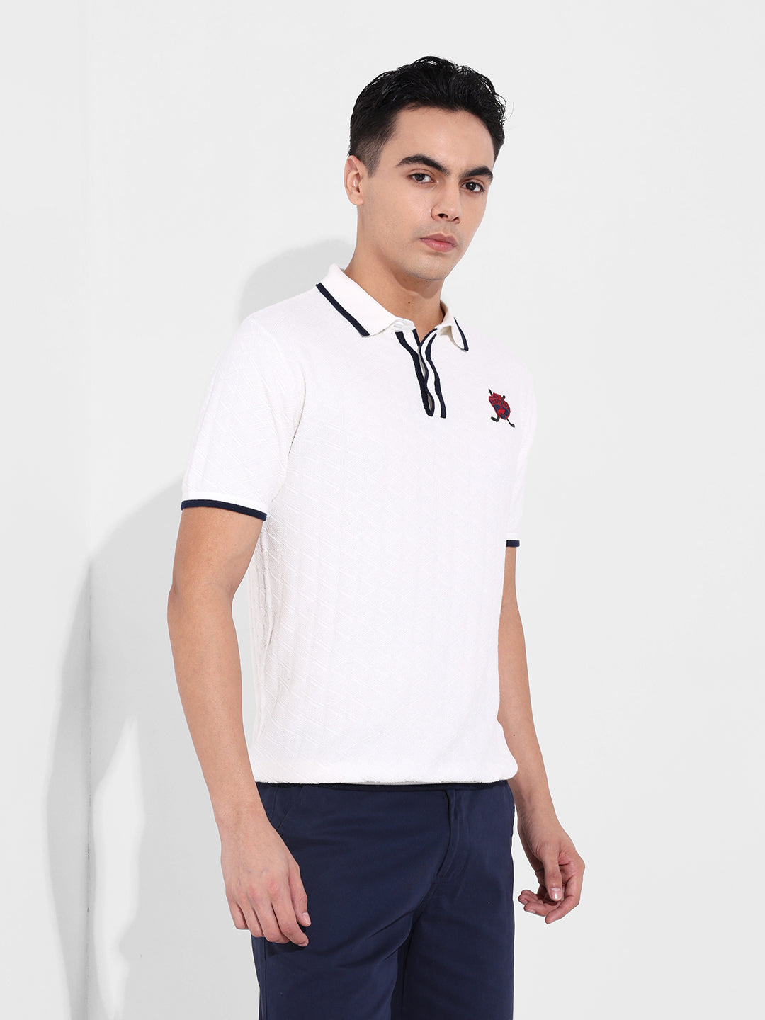 Men's White Slim Fit Textured Flat Knit Polo Collar T-Shirt