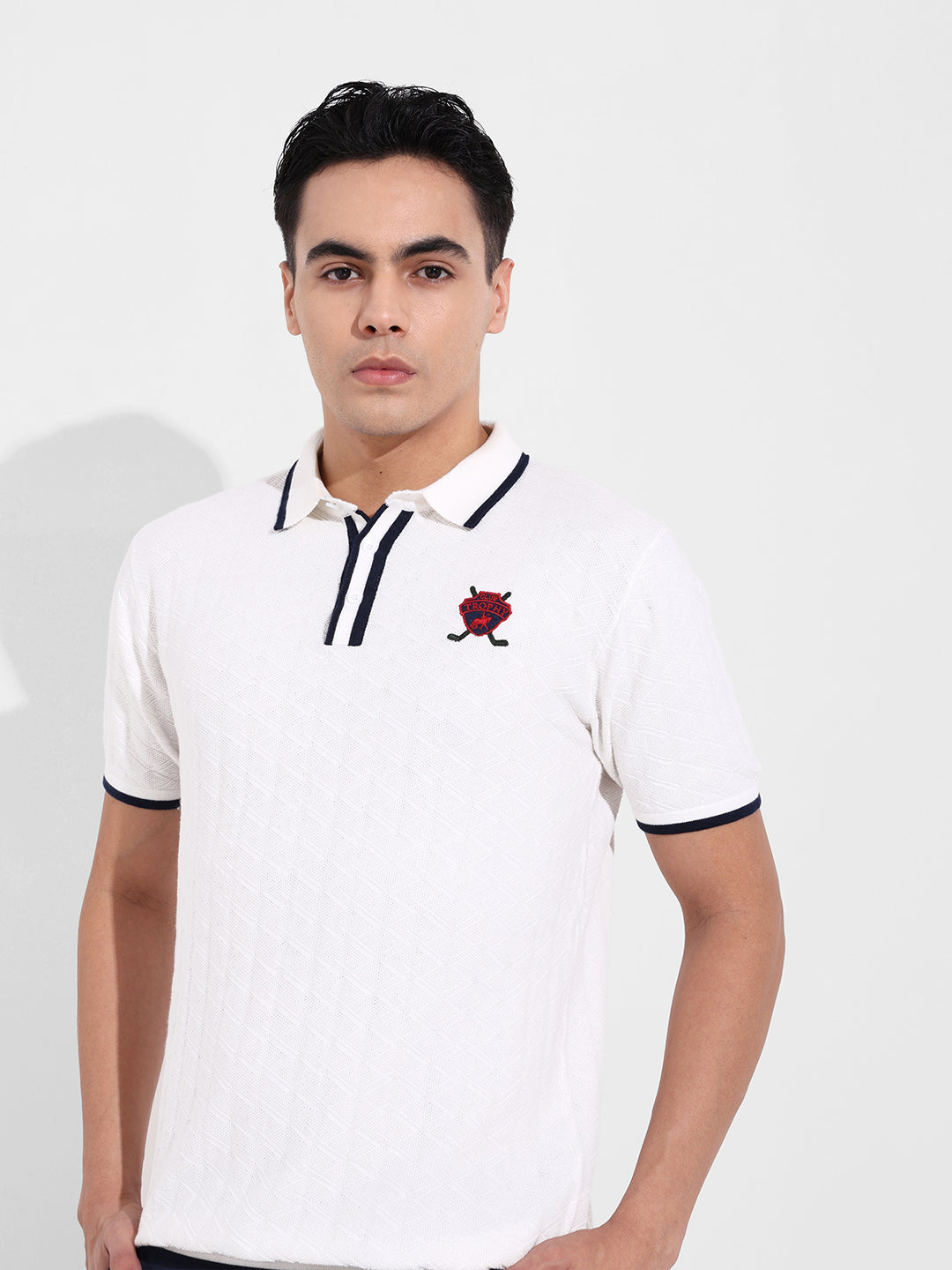 Men's White Slim Fit Textured Flat Knit Polo Collar T-Shirt