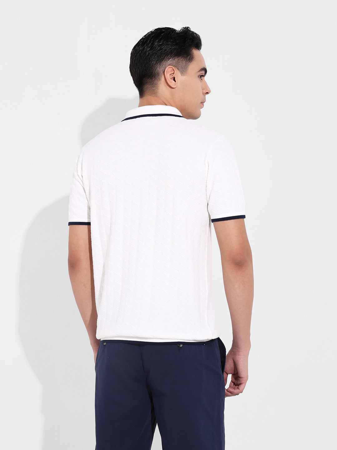 Men's White Slim Fit Textured Flat Knit Polo Collar T-Shirt