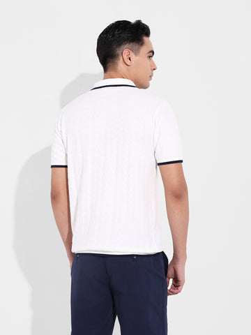 Men's White Slim Fit Textured Flat Knit Polo Collar T-Shirt