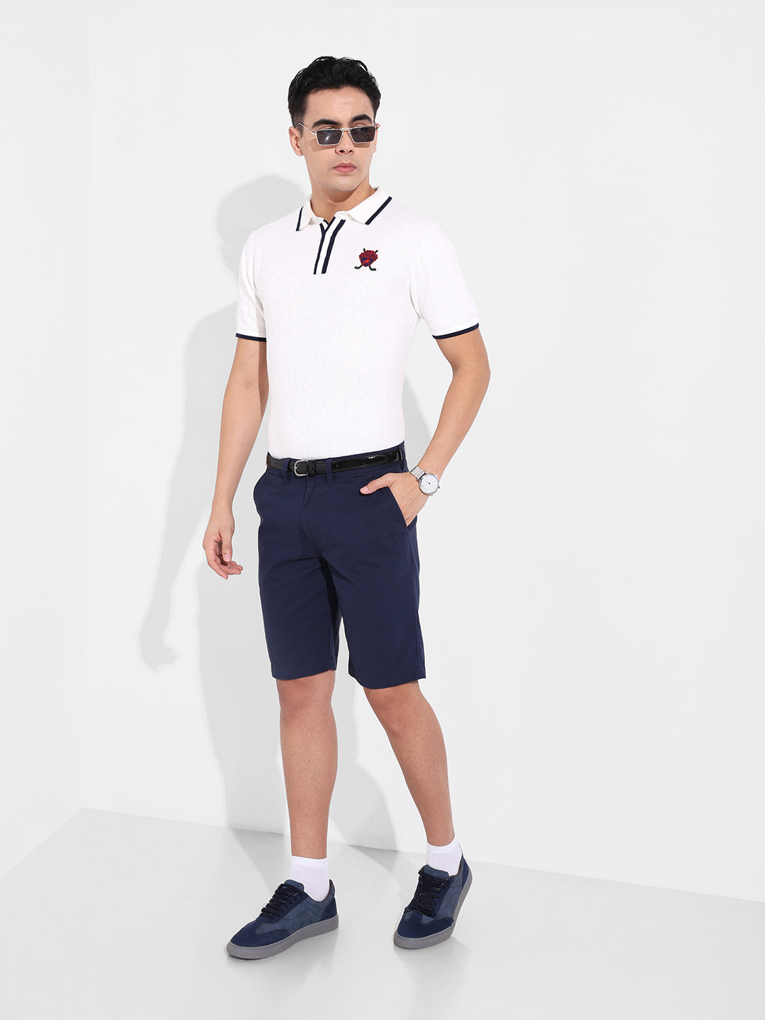 Men's White Slim Fit Textured Flat Knit Polo Collar T-Shirt