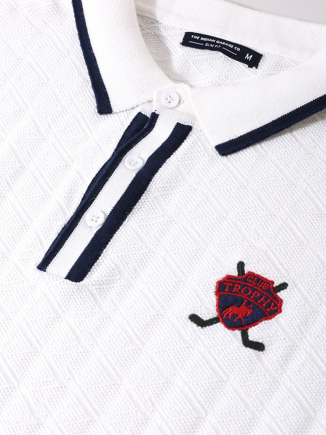 Men's White Slim Fit Textured Flat Knit Polo Collar T-Shirt