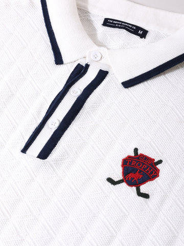 Men's White Slim Fit Textured Flat Knit Polo Collar T-Shirt