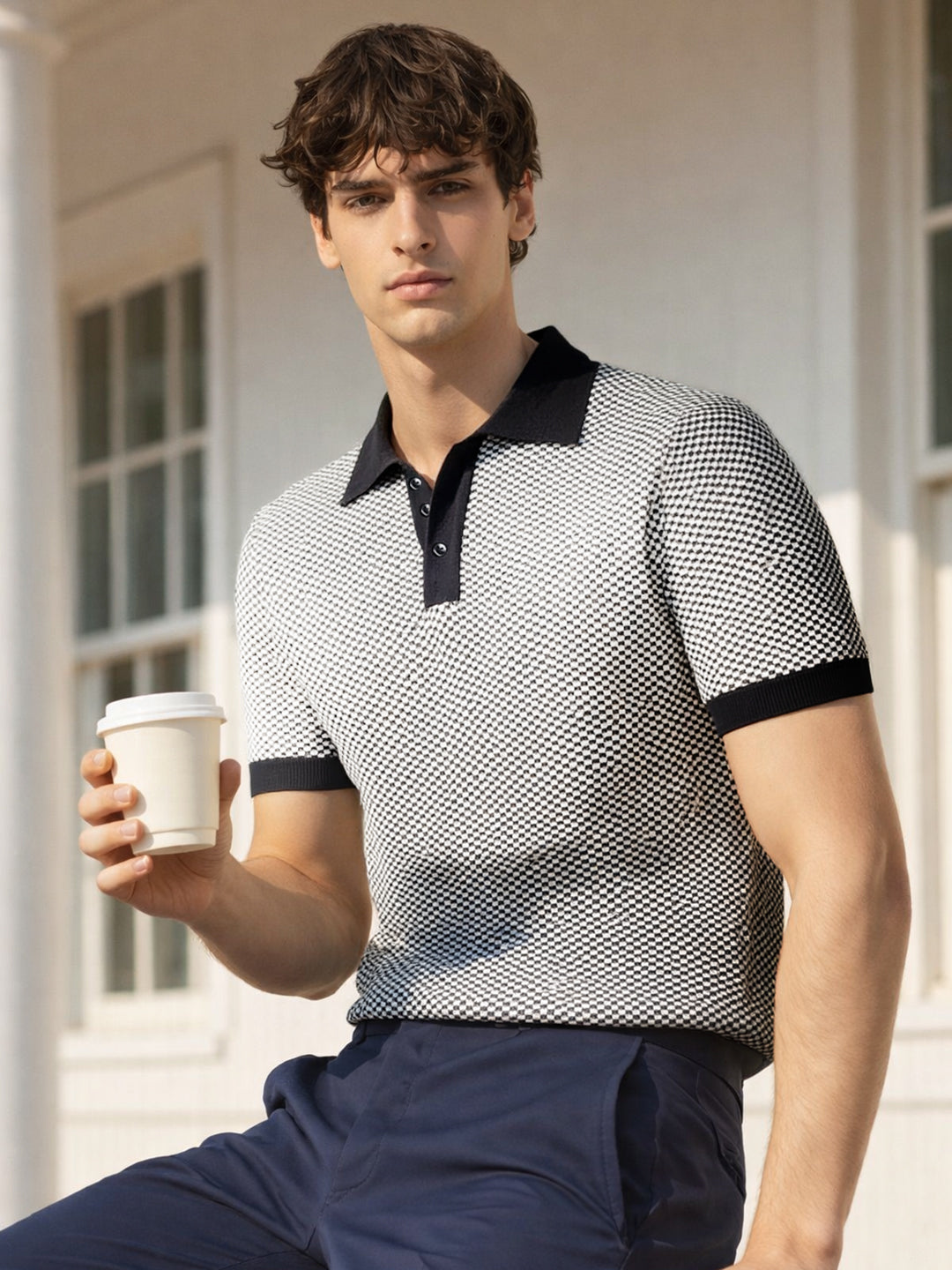 Men's Grey Slim Fit Textured Flat Knit Polo Collar T-Shirt